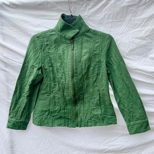 Emerald Green 100% Cotton Floral Texture Light Jacket with Pocket